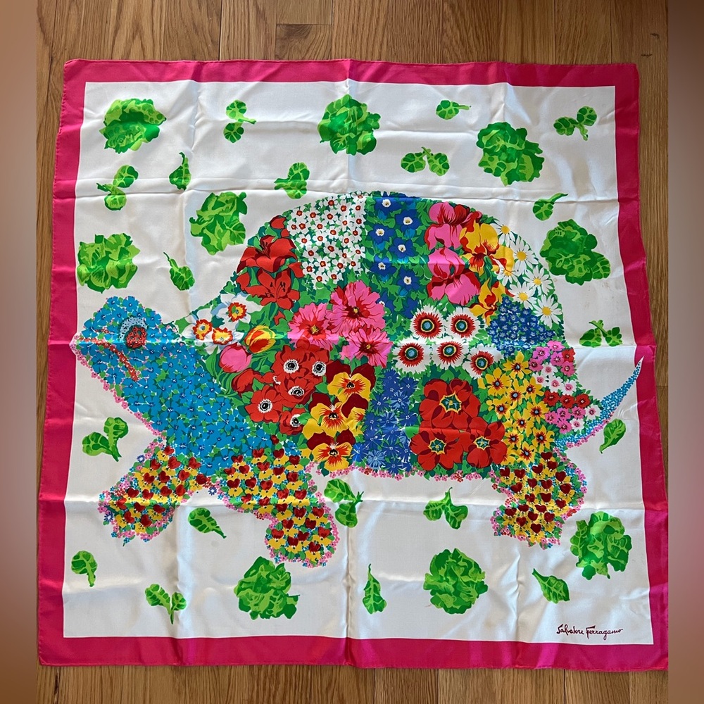 Salvatore Ferragamo Pink Floral Turtle Silk Scarf